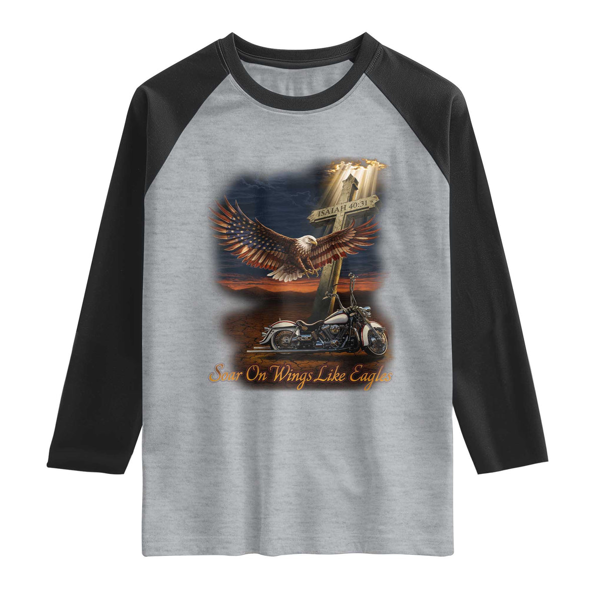 Soar On Wings Like Eagles Christian Raglan Shirt Isaiah 40:31 Bible Verse Faith Motorcycle TS11 Heather Gray Black Print Your Wear