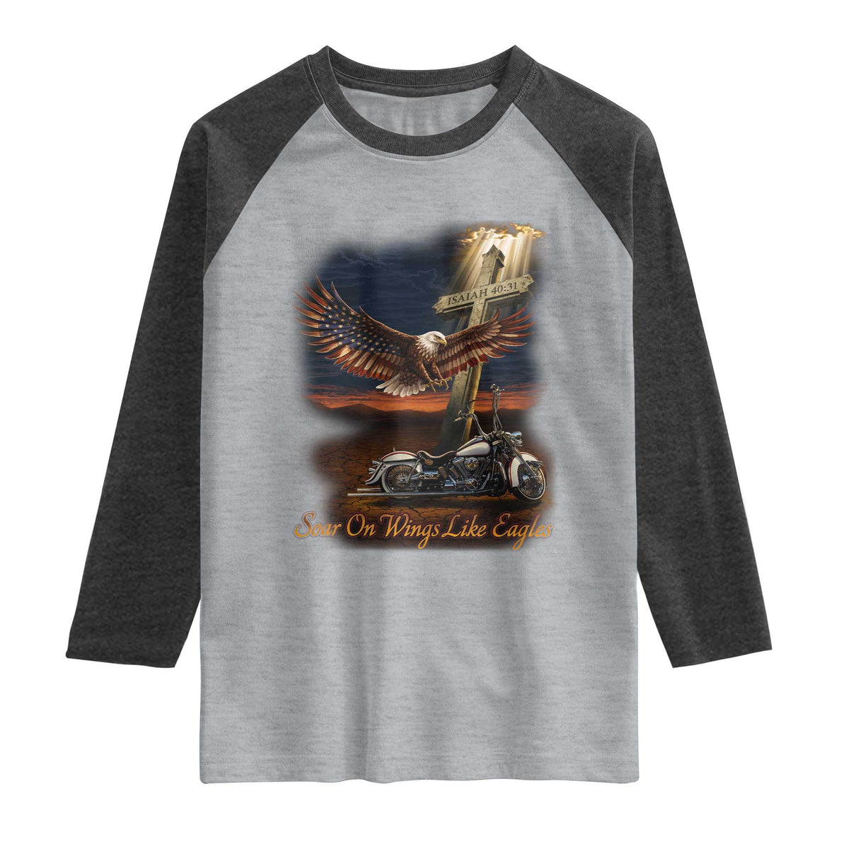Soar On Wings Like Eagles Christian Raglan Shirt Isaiah 40:31 Bible Verse Faith Motorcycle TS11 Heather Gray Heather Charcoal Print Your Wear