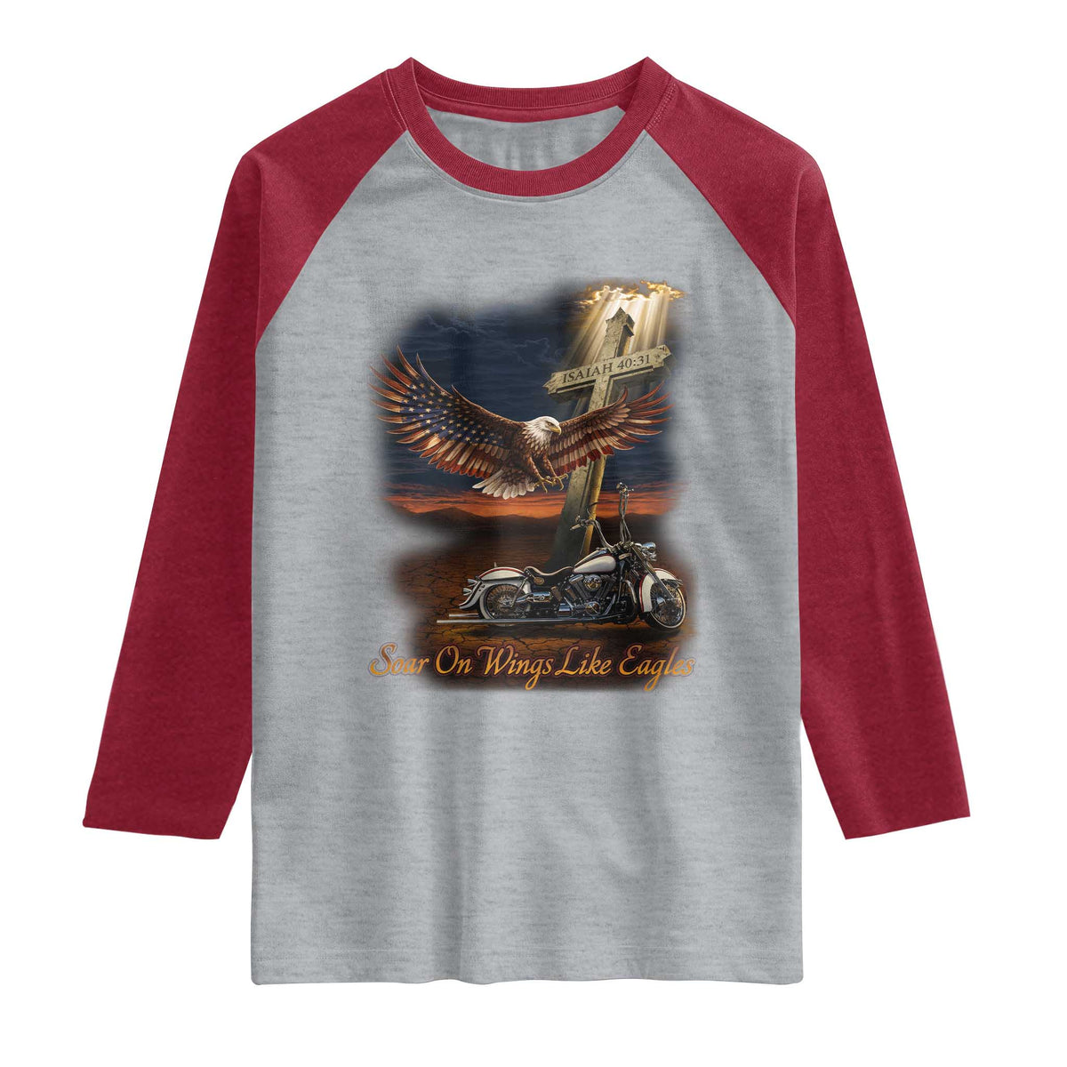 Soar On Wings Like Eagles Christian Raglan Shirt Isaiah 40:31 Bible Verse Faith Motorcycle TS11 Heather Gray Heather Red Print Your Wear