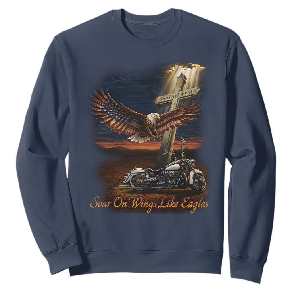Soar On Wings Like Eagles Christian Sweatshirt Isaiah 40:31 Bible Verse Faith Motorcycle TS11 Navy Print Your Wear
