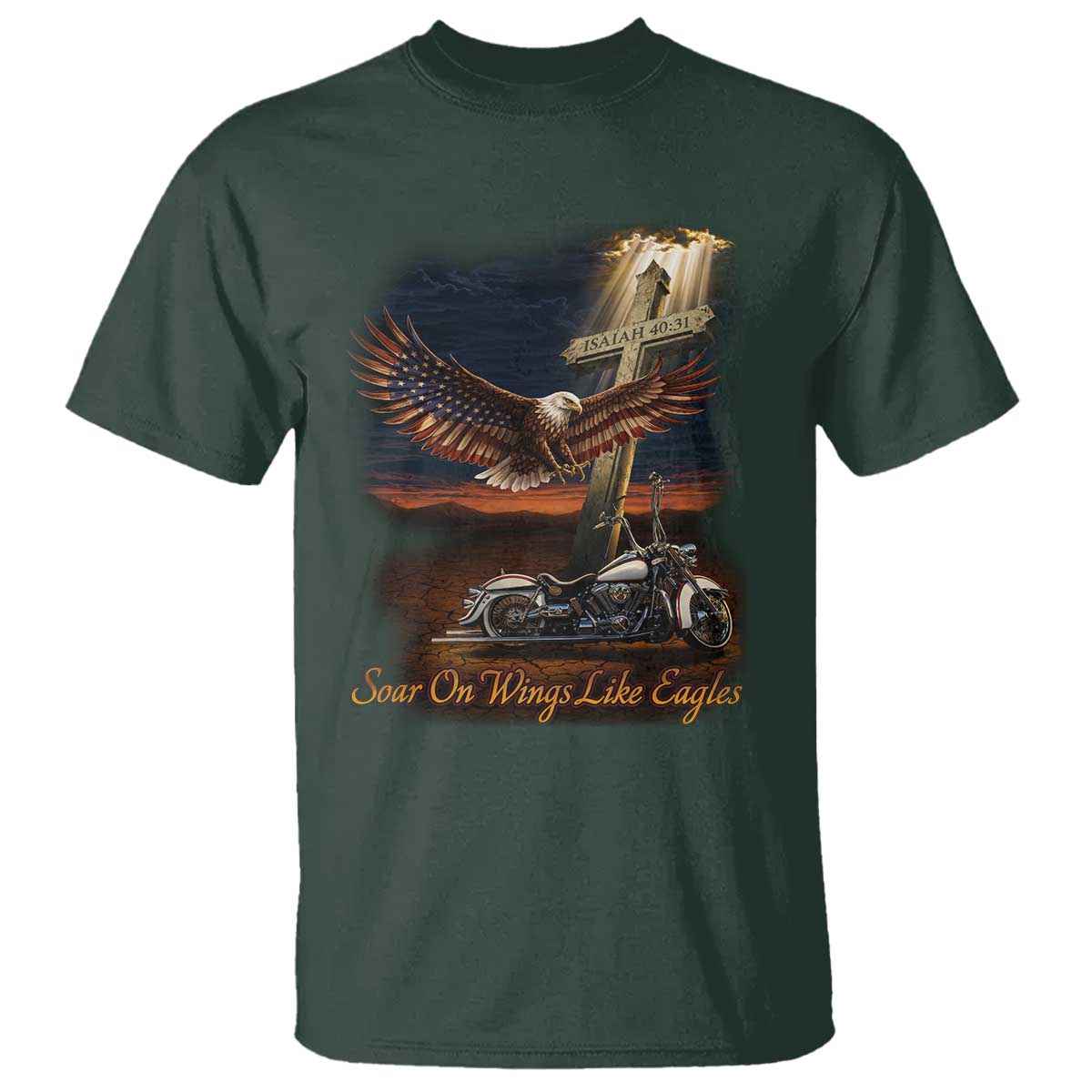Soar On Wings Like Eagles Christian T Shirt Isaiah 40:31 Bible Verse Faith Motorcycle TS11 Dark Forest Green Print Your Wear