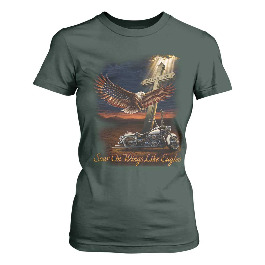Soar On Wings Like Eagles Christian T Shirt For Women Isaiah 40:31 Bible Verse Faith Motorcycle TS11 Dark Forest Green Print Your Wear