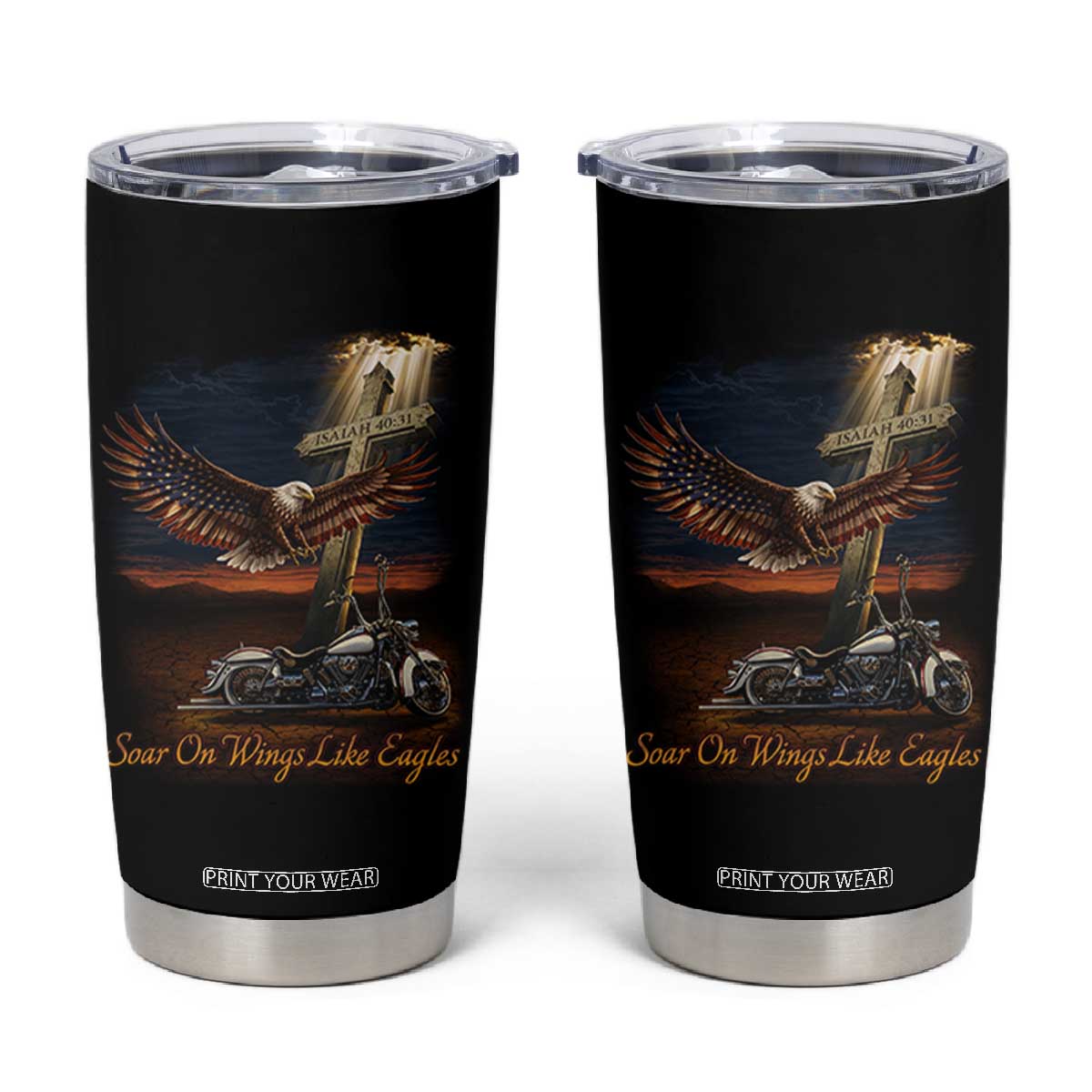 Soar On Wings Like Eagles Christian Tumbler Cup Isaiah 40:31 Bible Verse Faith Motorcycle TS11 Black Print Your Wear