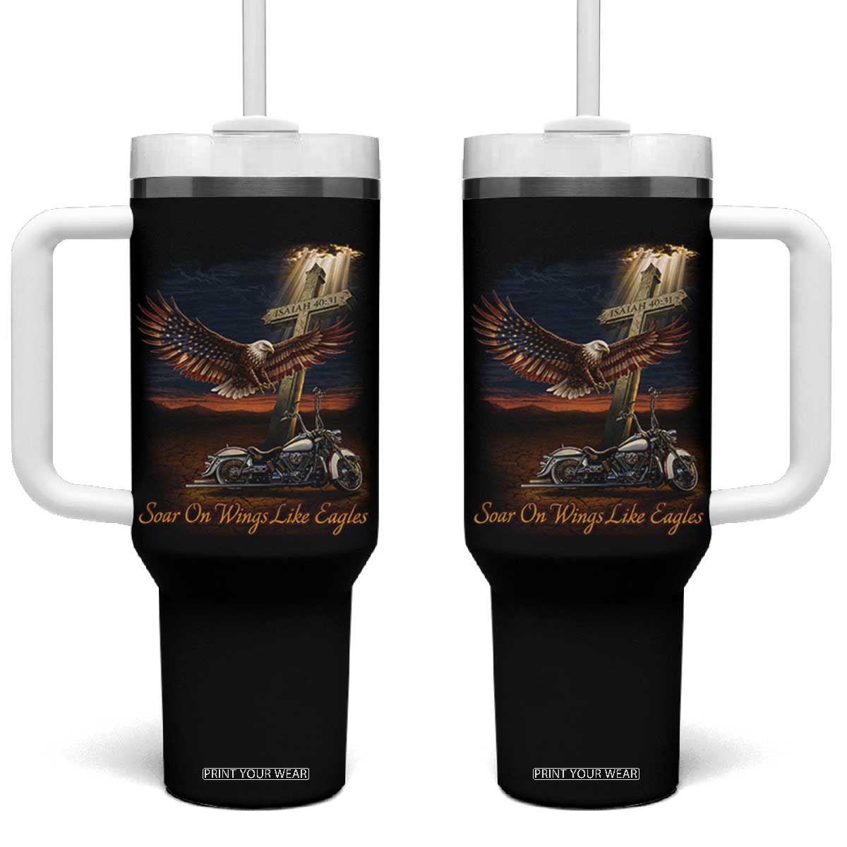 Soar On Wings Like Eagles Christian Tumbler With Handle Isaiah 40:31 Bible Verse Faith Motorcycle TS11 One Size: 40 oz Black Print Your Wear