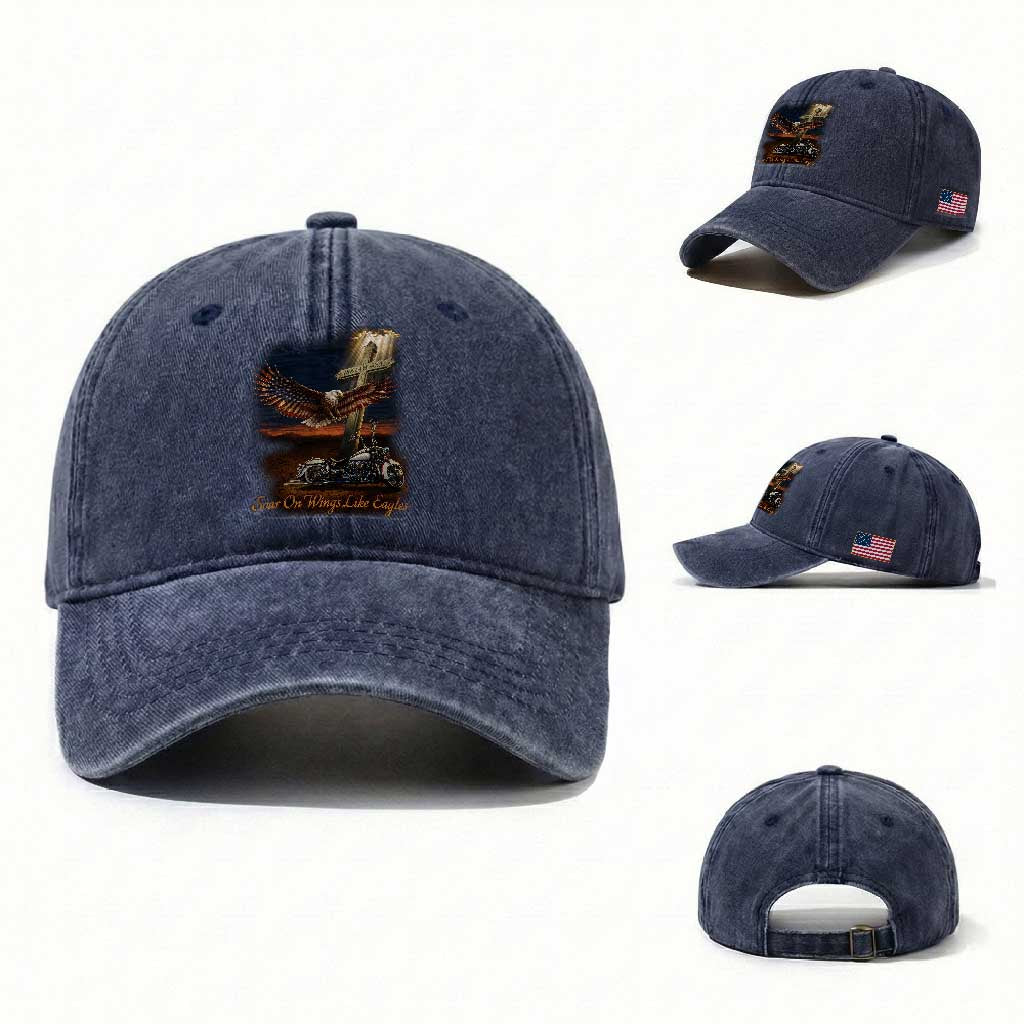 Soar On Wings Like Eagles Christian Washed Cotton Baseball Cap Isaiah 40:31 Bible Verse Faith Motorcycle TS11 Washed Cap Universal Fit Navy Print Your Wear
