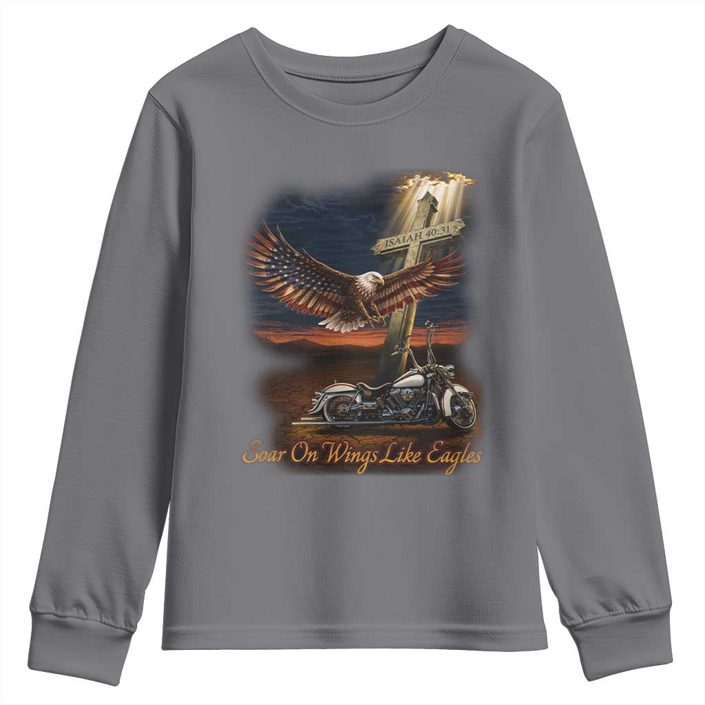 Soar On Wings Like Eagles Christian Youth Sweatshirt Isaiah 40:31 Bible Verse Faith Motorcycle TS11 Charcoal Print Your Wear
