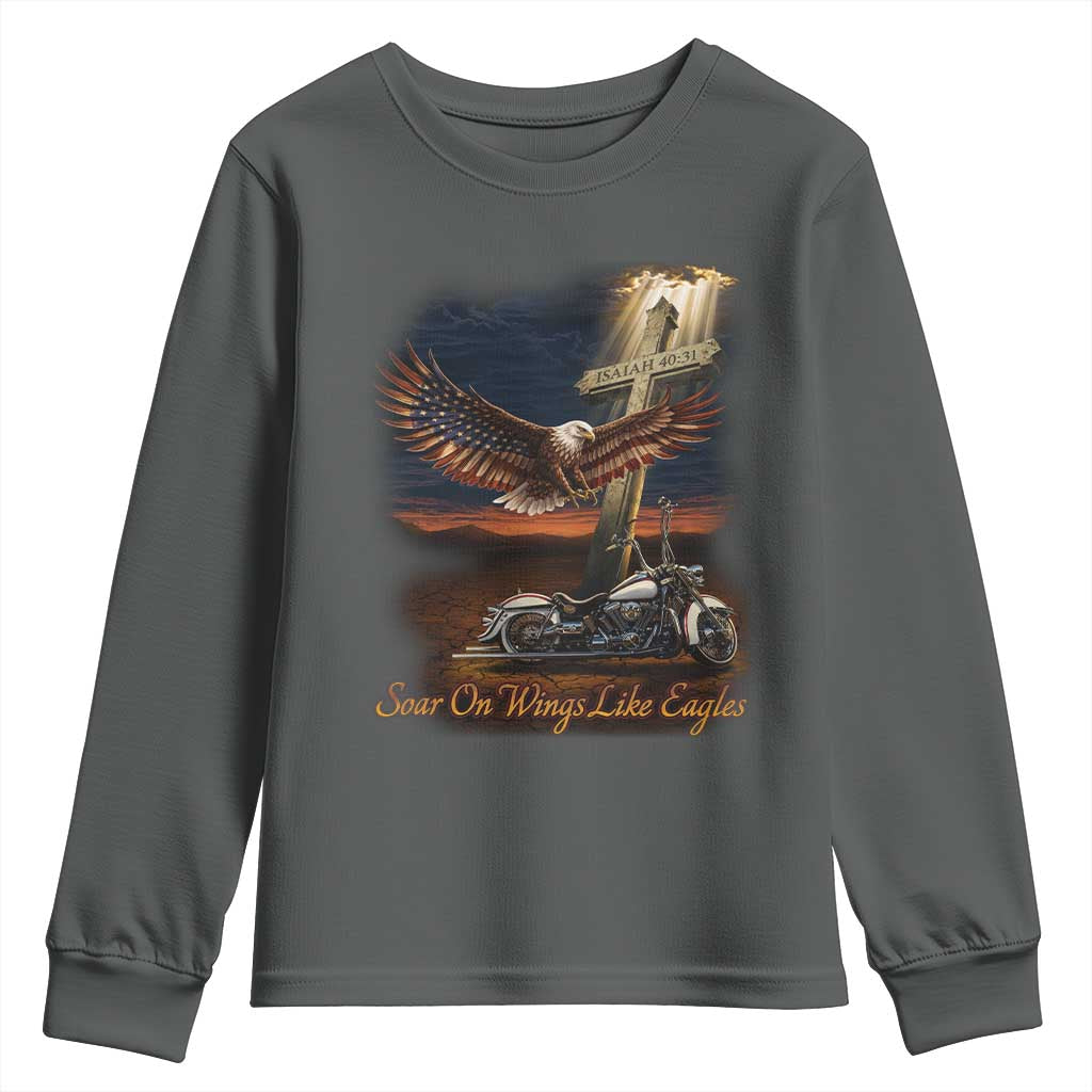 Soar On Wings Like Eagles Christian Youth Sweatshirt Isaiah 40:31 Bible Verse Faith Motorcycle TS11 Dark Heather Print Your Wear