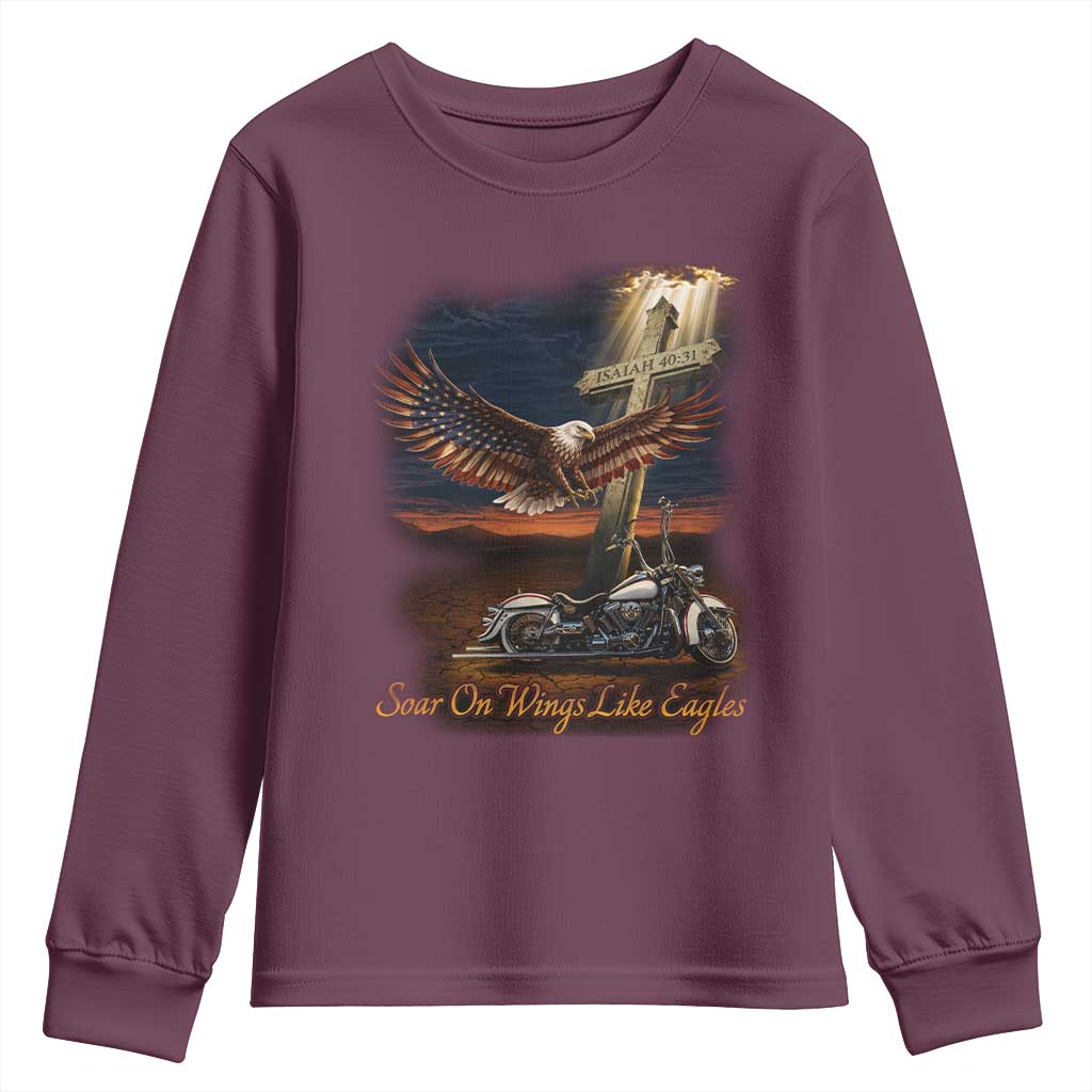 Soar On Wings Like Eagles Christian Youth Sweatshirt Isaiah 40:31 Bible Verse Faith Motorcycle TS11 Maroon Print Your Wear