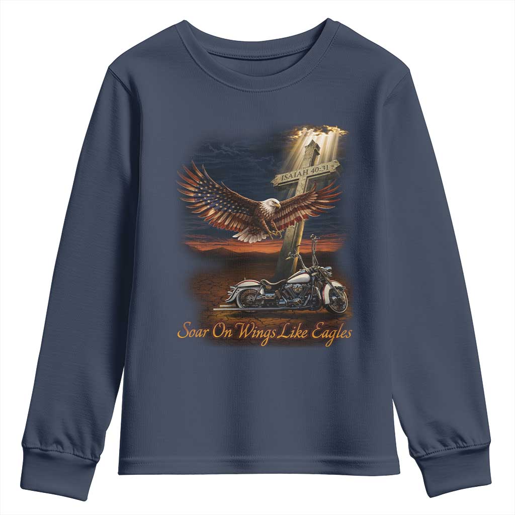 Soar On Wings Like Eagles Christian Youth Sweatshirt Isaiah 40:31 Bible Verse Faith Motorcycle TS11 Navy Print Your Wear