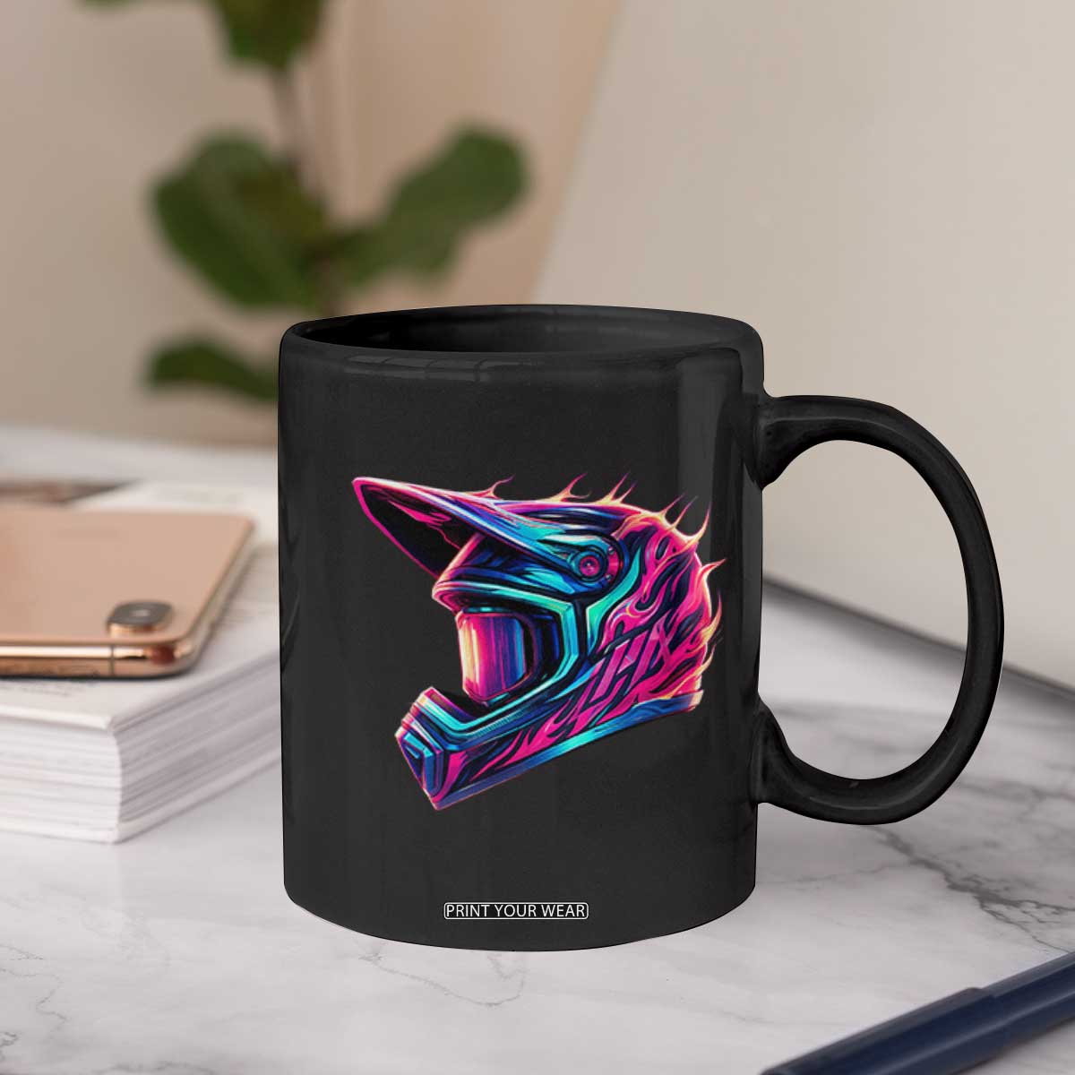 Motocross Helmet Neon Flame Graphic Dirt Bike Racing Coffee Mug TS11 Print Your Wear