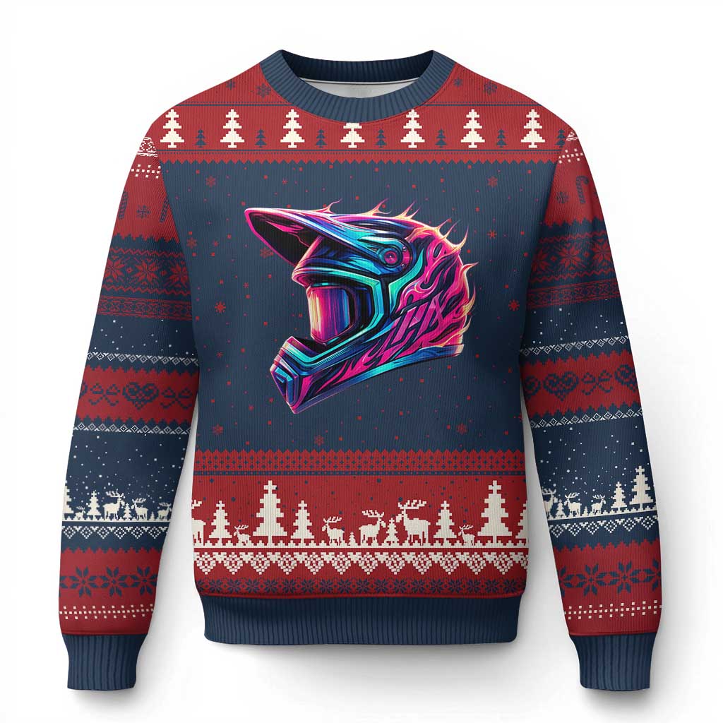 Motocross Helmet Neon Flame Graphic Dirt Bike Racing Ugly Christmas Sweater TS11 Navy Red Print Your Wear