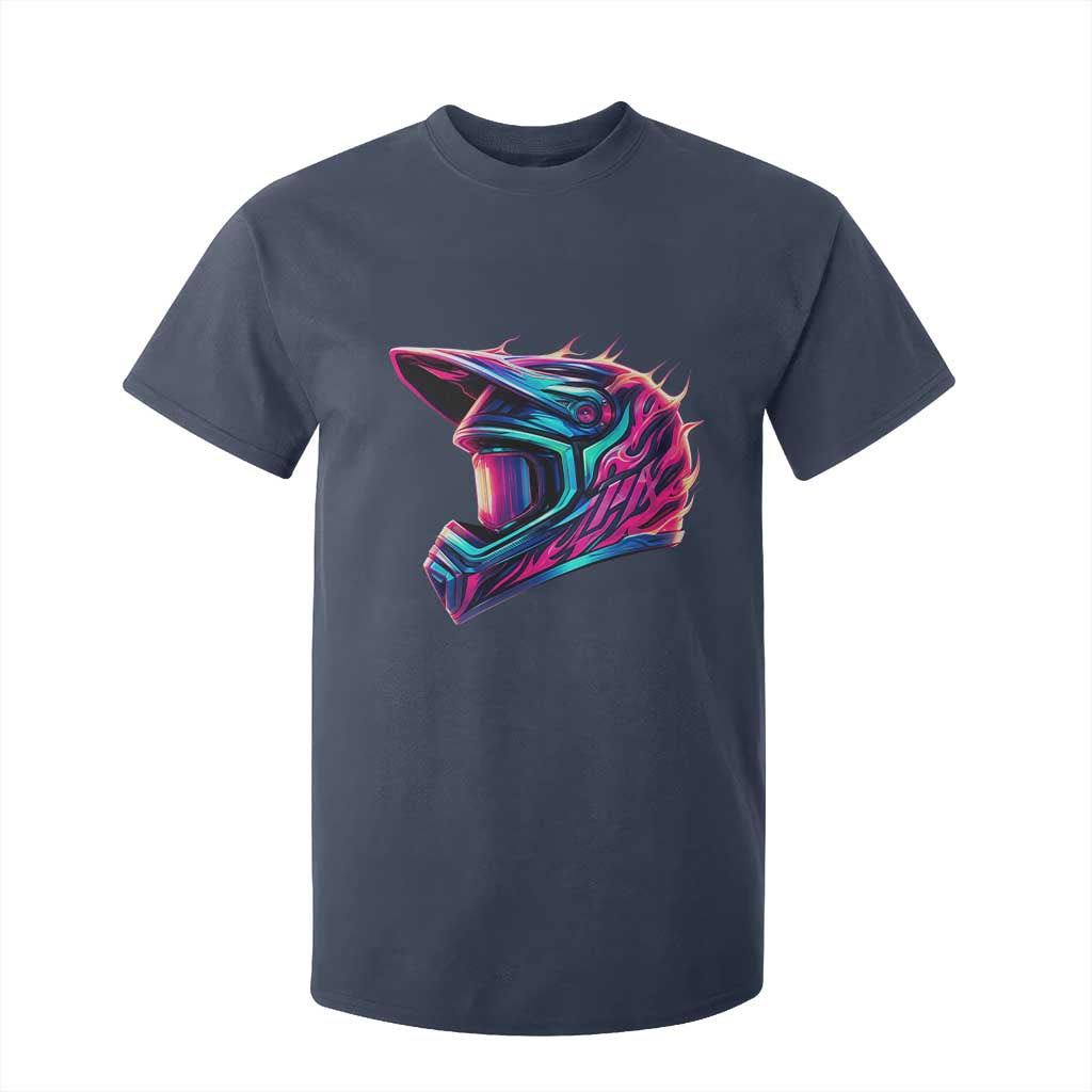 Motocross Helmet Neon Flame Graphic Dirt Bike Racing T Shirt For Kid TS11 Navy Print Your Wear