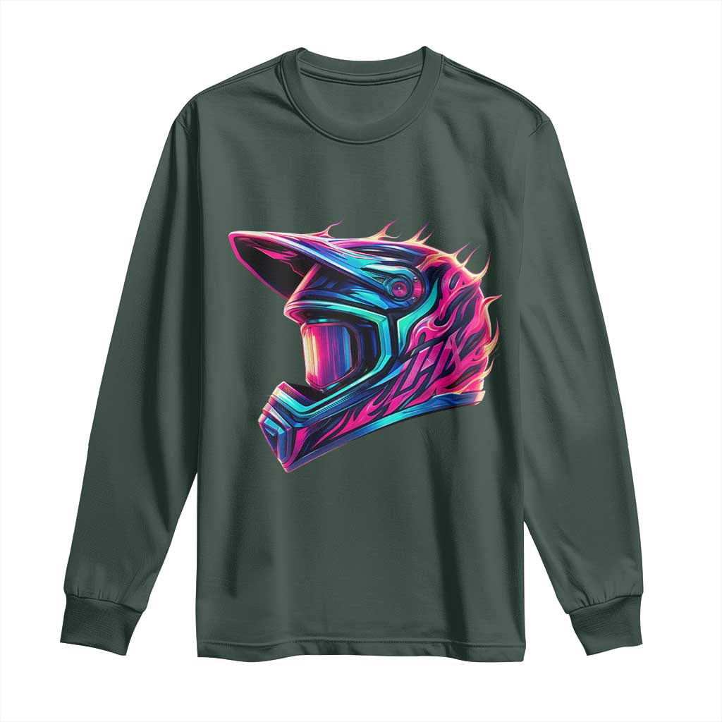 Motocross Helmet Neon Flame Graphic Dirt Bike Racing Long Sleeve Shirt TS11 Dark Forest Green Print Your Wear