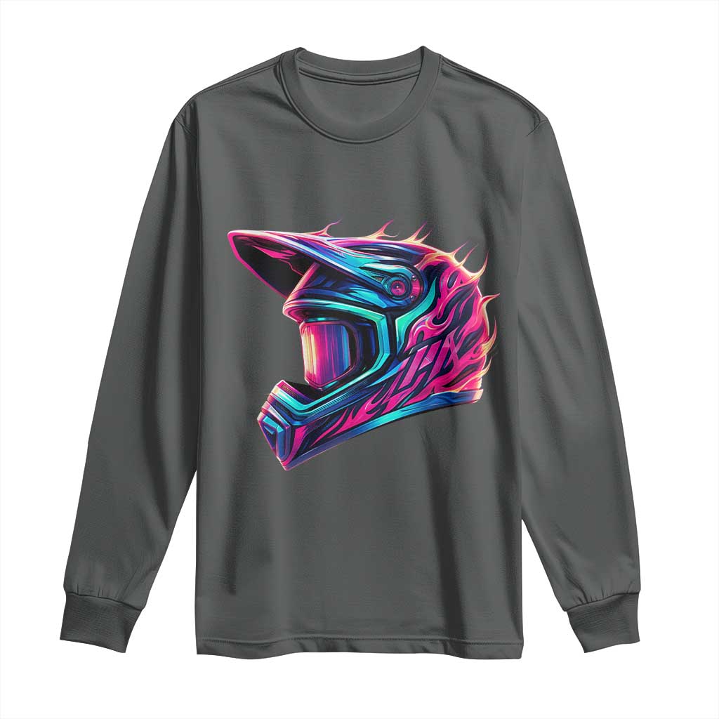 Motocross Helmet Neon Flame Graphic Dirt Bike Racing Long Sleeve Shirt TS11 Dark Heather Print Your Wear