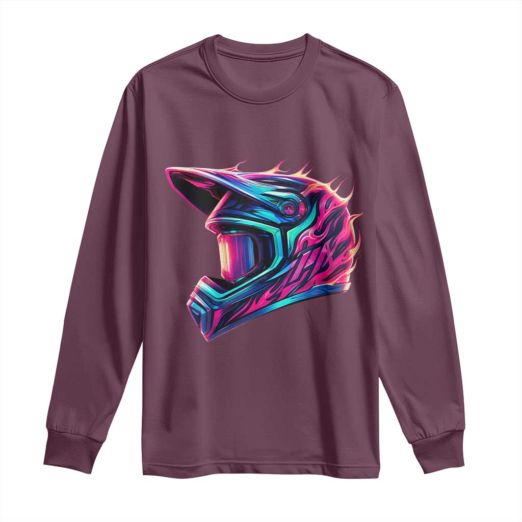 Motocross Helmet Neon Flame Graphic Dirt Bike Racing Long Sleeve Shirt TS11 Maroon Print Your Wear