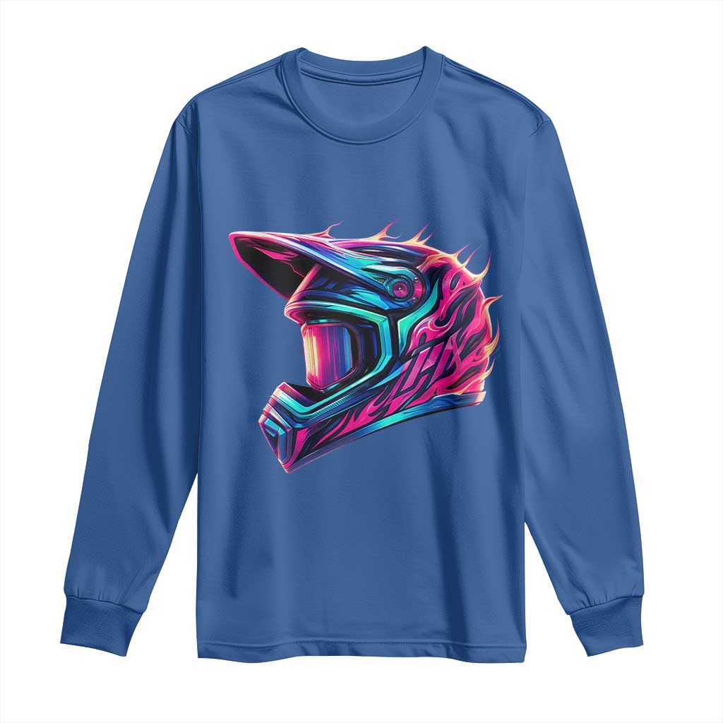 Motocross Helmet Neon Flame Graphic Dirt Bike Racing Long Sleeve Shirt TS11 Royal Blue Print Your Wear