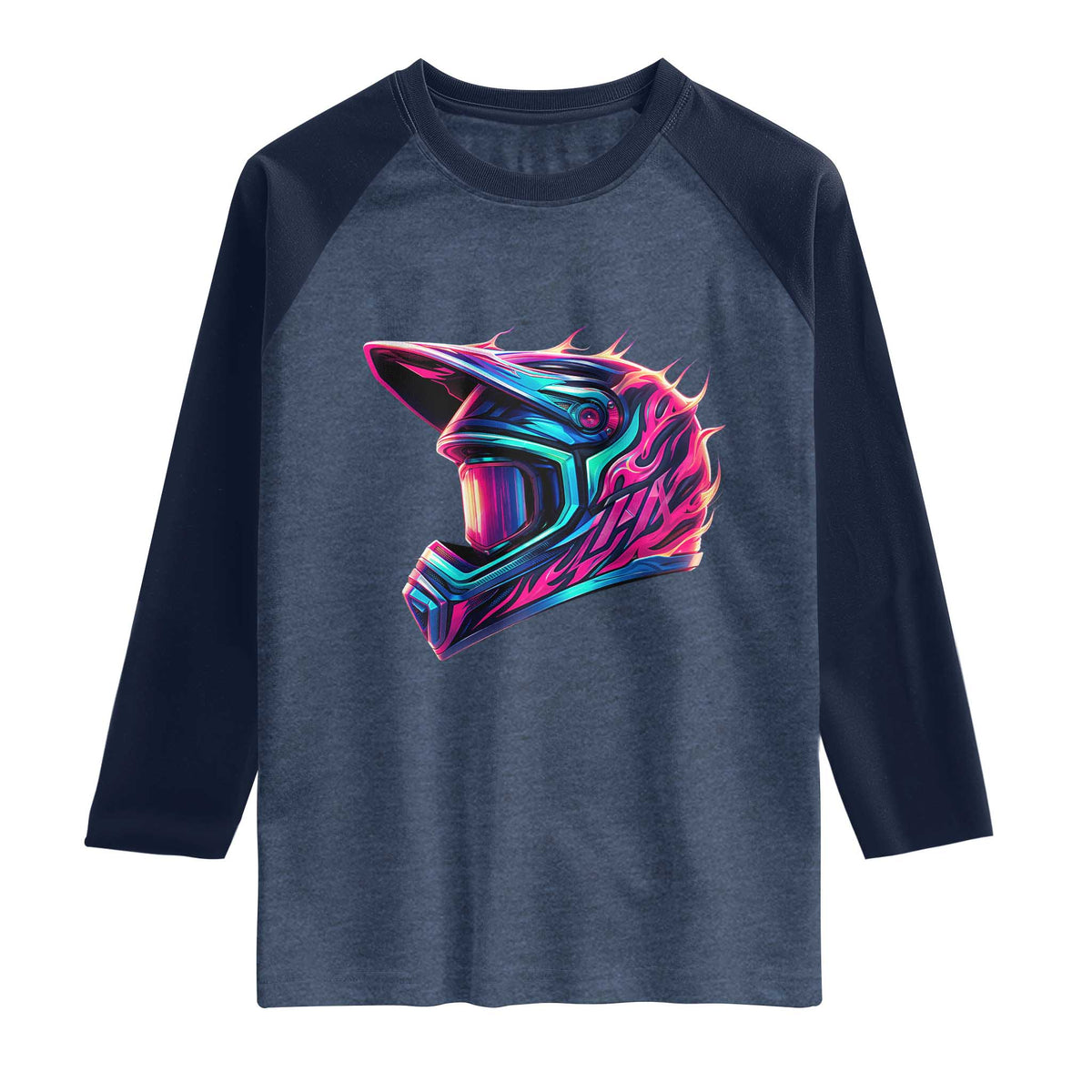Motocross Helmet Neon Flame Graphic Dirt Bike Racing Raglan Shirt TS11 Heather Denim Navy Print Your Wear