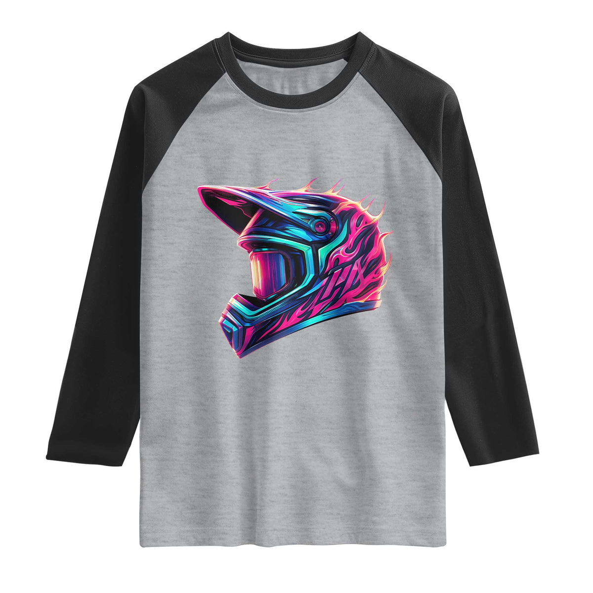 Motocross Helmet Neon Flame Graphic Dirt Bike Racing Raglan Shirt TS11 Heather Gray Black Print Your Wear