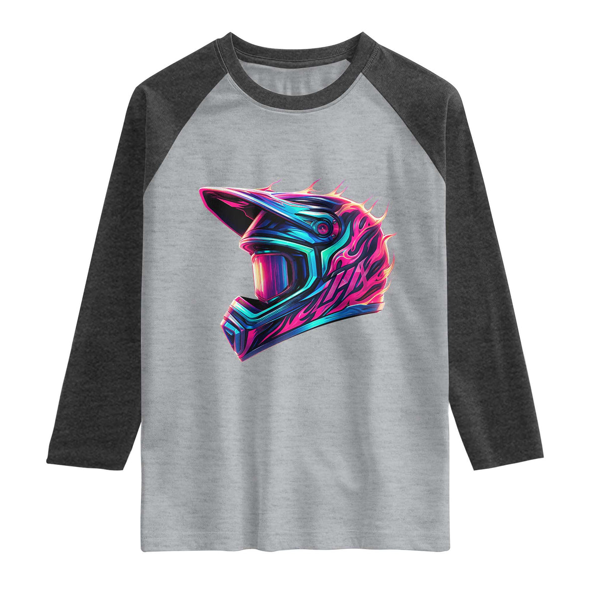 Motocross Helmet Neon Flame Graphic Dirt Bike Racing Raglan Shirt TS11 Heather Gray Heather Charcoal Print Your Wear