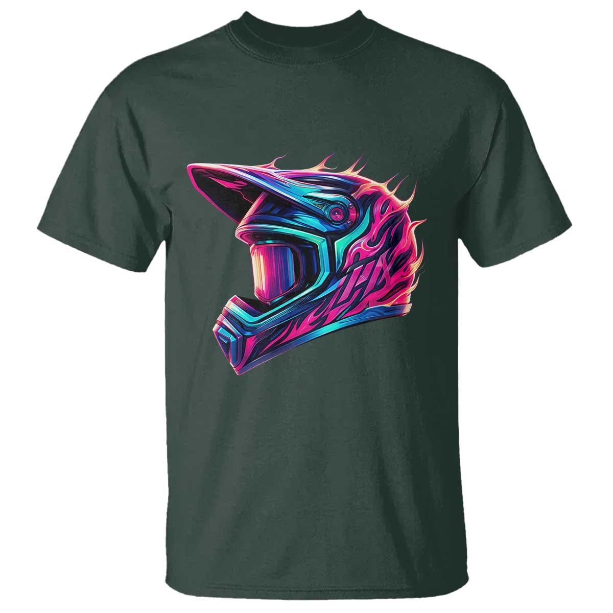 Motocross Helmet Neon Flame Graphic Dirt Bike Racing T Shirt TS11 Dark Forest Green Print Your Wear