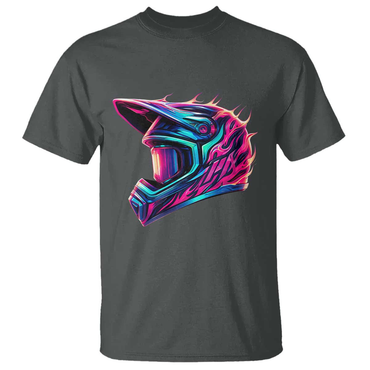 Motocross Helmet Neon Flame Graphic Dirt Bike Racing T Shirt TS11 Dark Heather Print Your Wear
