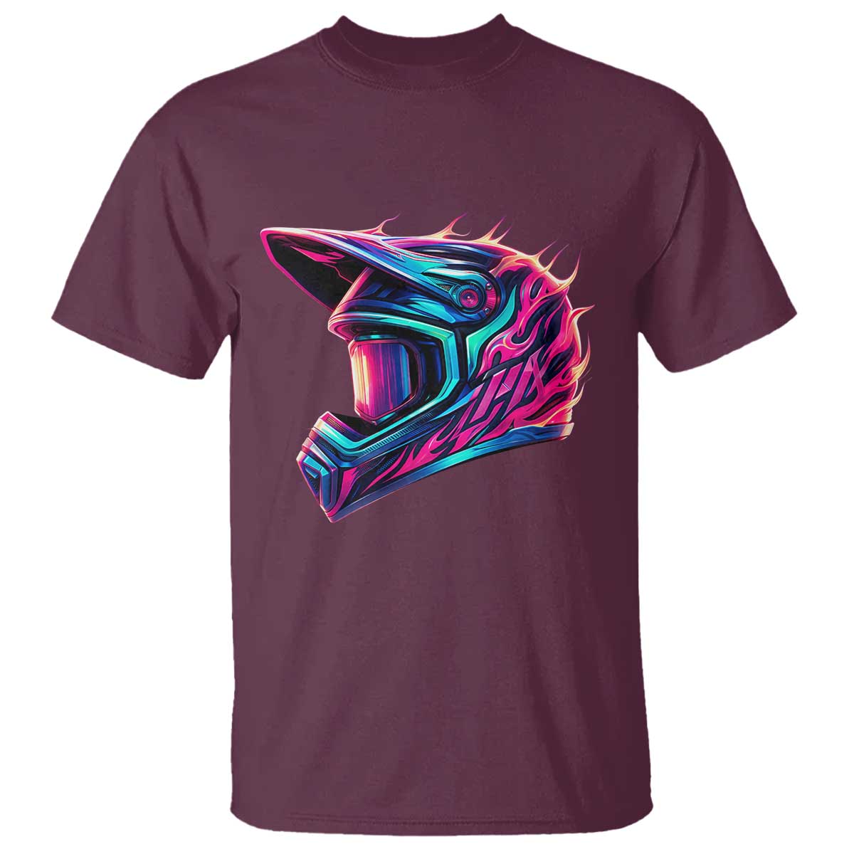 Motocross Helmet Neon Flame Graphic Dirt Bike Racing T Shirt TS11 Maroon Print Your Wear