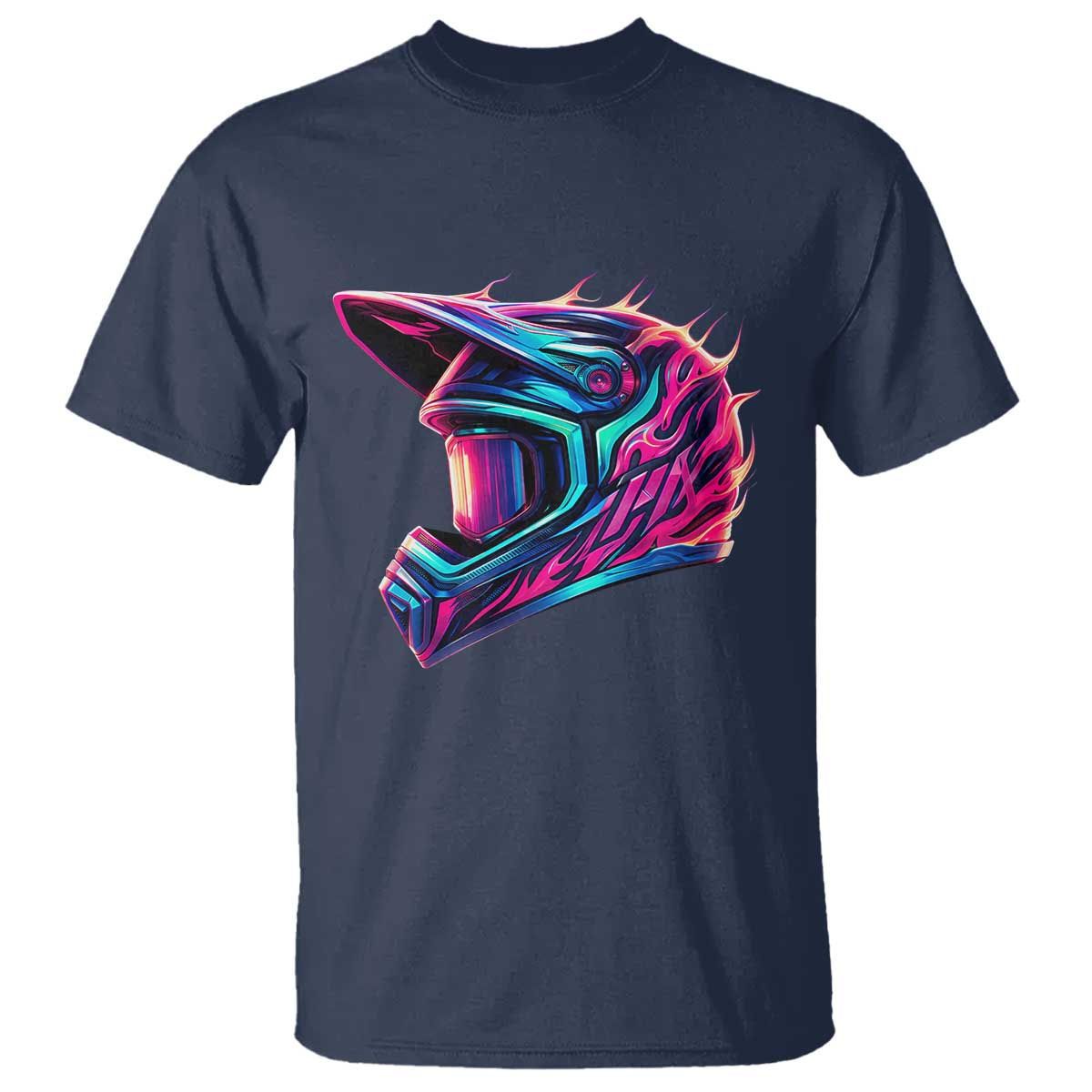 Motocross Helmet Neon Flame Graphic Dirt Bike Racing T Shirt TS11 Navy Print Your Wear