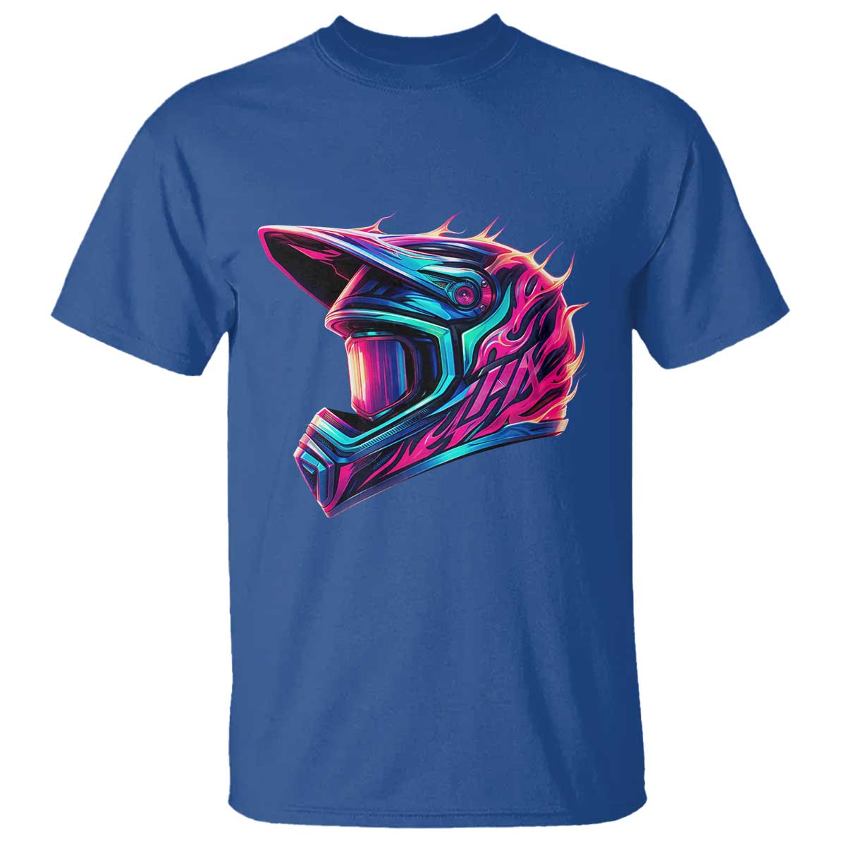 Motocross Helmet Neon Flame Graphic Dirt Bike Racing T Shirt TS11 Royal Blue Print Your Wear