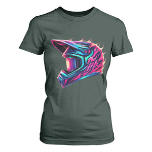 Motocross Helmet Neon Flame Graphic Dirt Bike Racing T Shirt For Women TS11 Dark Forest Green Print Your Wear