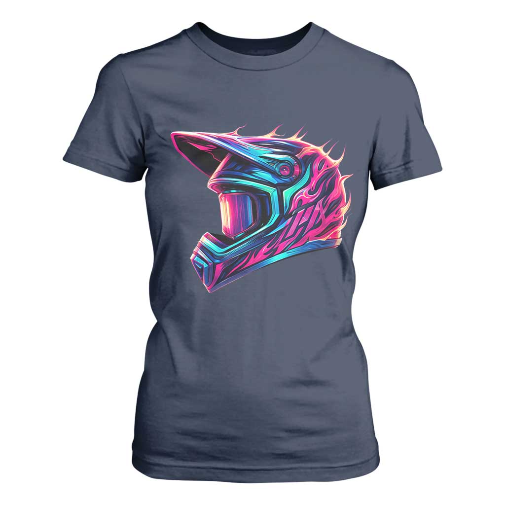 Motocross Helmet Neon Flame Graphic Dirt Bike Racing T Shirt For Women TS11 Navy Print Your Wear