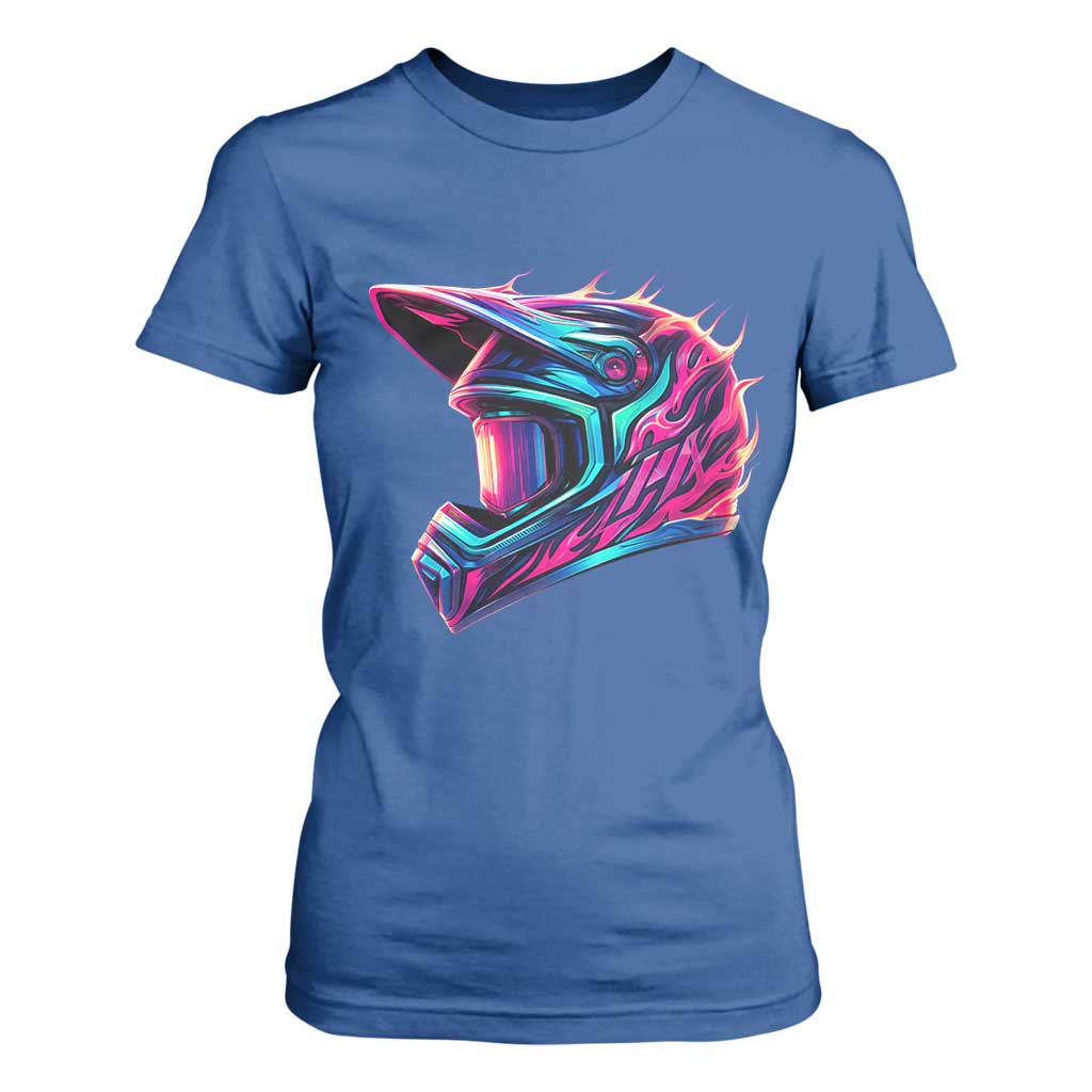 Motocross Helmet Neon Flame Graphic Dirt Bike Racing T Shirt For Women TS11 Royal Blue Print Your Wear