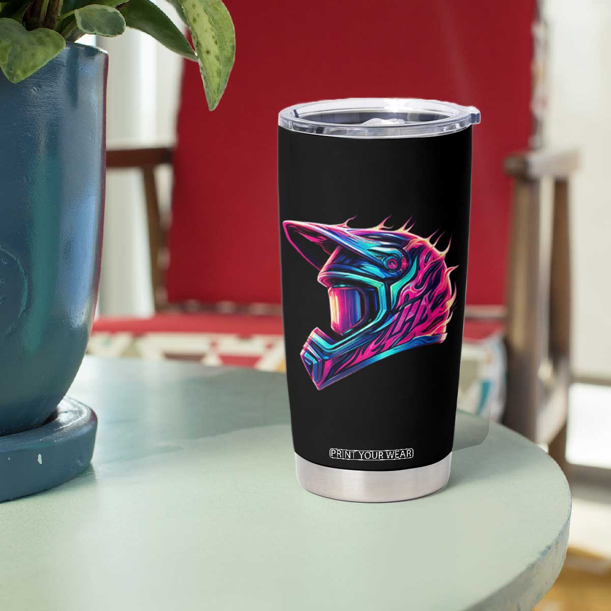 Motocross Helmet Neon Flame Graphic Dirt Bike Racing Tumbler Cup TS11 Print Your Wear