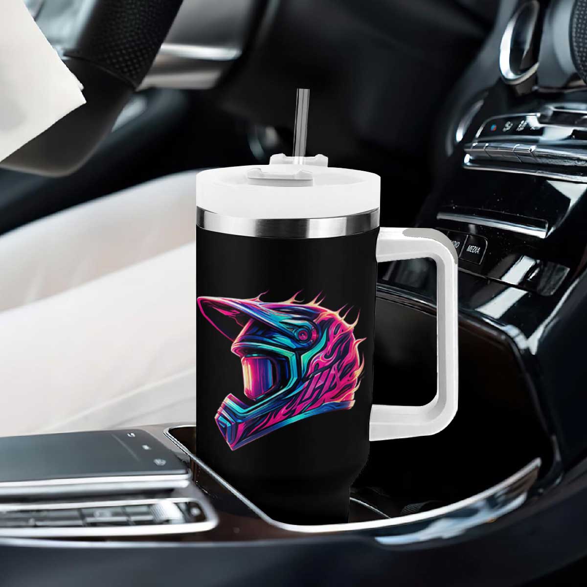 Motocross Helmet Neon Flame Graphic Dirt Bike Racing Tumbler With Handle TS11 Print Your Wear