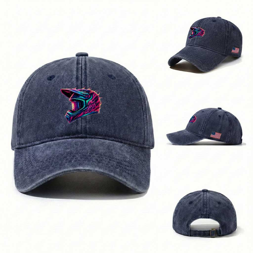 Motocross Helmet Neon Flame Graphic Dirt Bike Racing Washed Cotton Baseball Cap TS11 Washed Cap Universal Fit Navy Print Your Wear