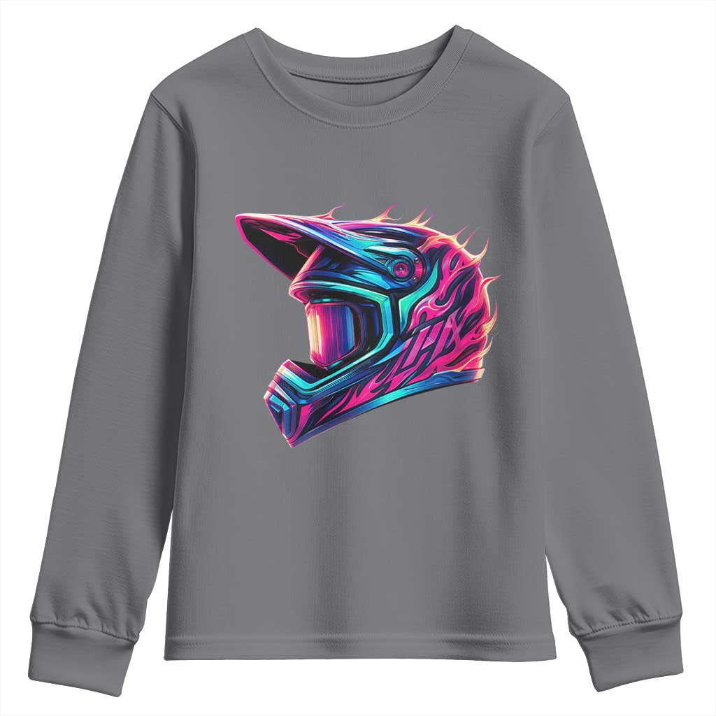 Motocross Helmet Neon Flame Graphic Dirt Bike Racing Youth Sweatshirt TS11 Charcoal Print Your Wear