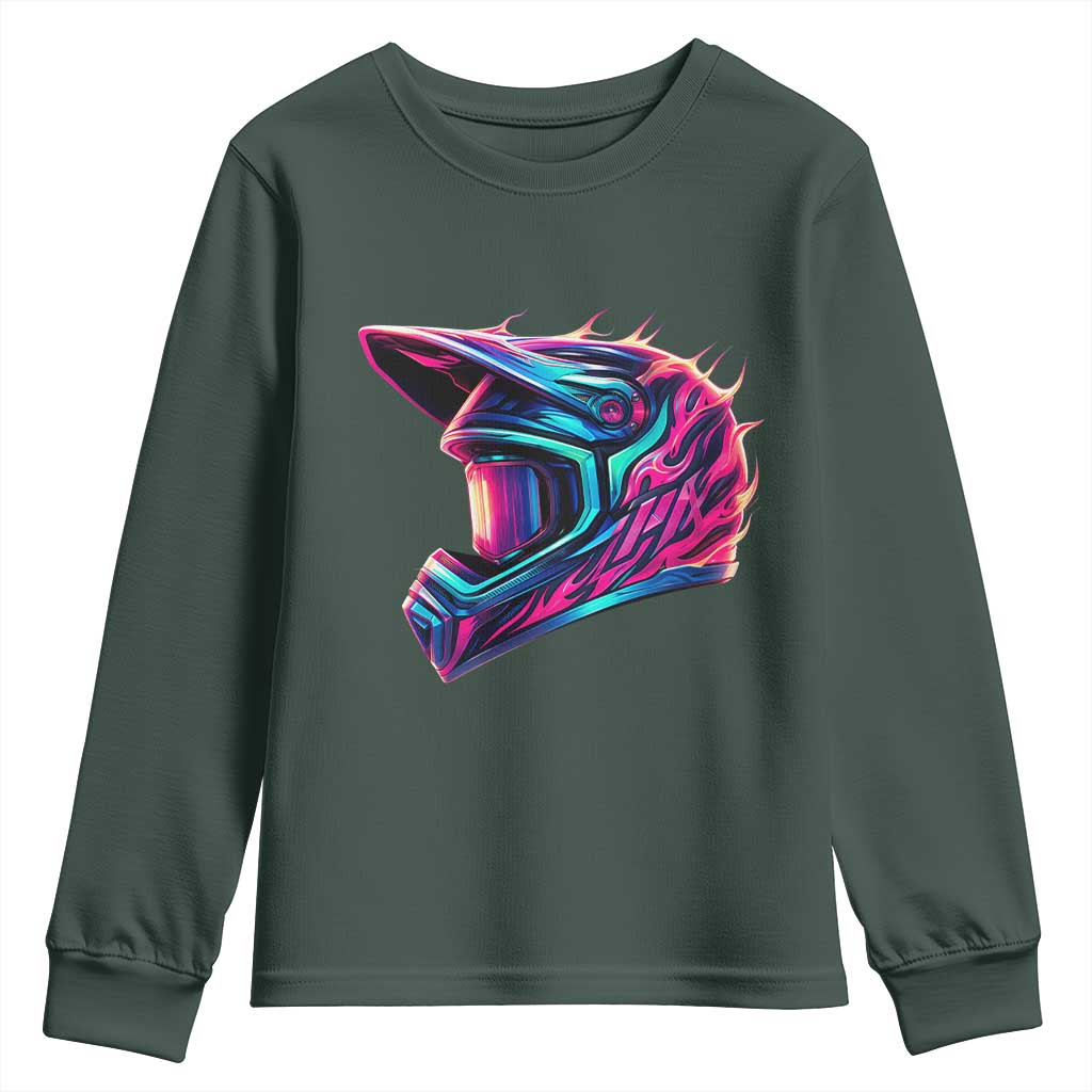 Motocross Helmet Neon Flame Graphic Dirt Bike Racing Youth Sweatshirt TS11 Dark Forest Green Print Your Wear