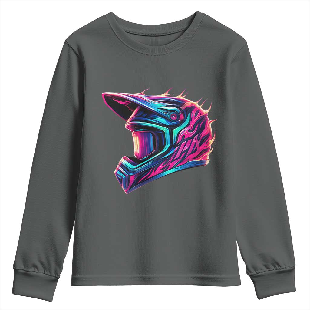Motocross Helmet Neon Flame Graphic Dirt Bike Racing Youth Sweatshirt TS11 Dark Heather Print Your Wear