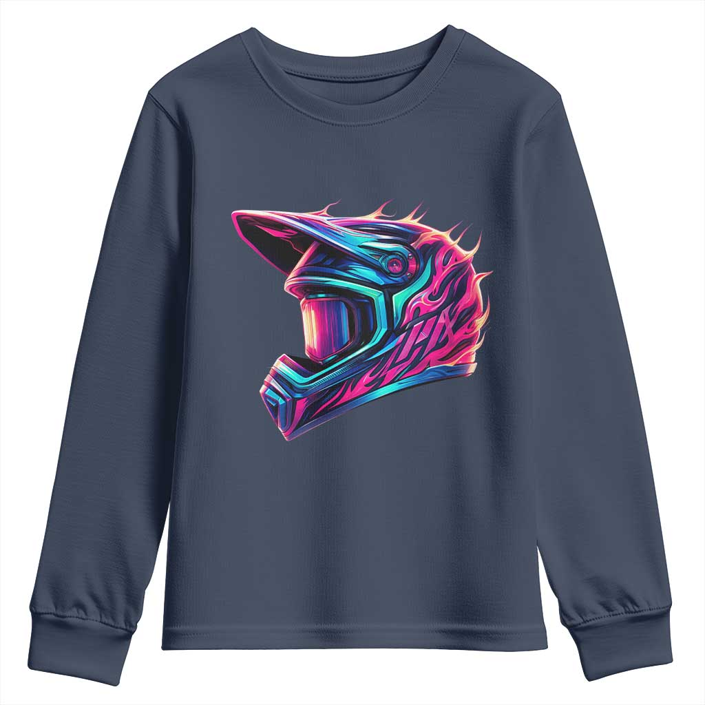 Motocross Helmet Neon Flame Graphic Dirt Bike Racing Youth Sweatshirt TS11 Navy Print Your Wear