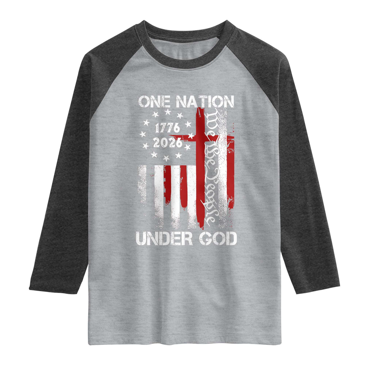 One Nation Under God 250 Years Raglan Shirt 250th Anniversary USA TS11 Heather Gray Heather Charcoal Print Your Wear