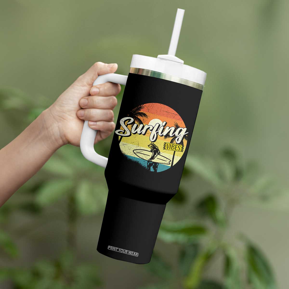Surfing Lover Tumbler With Handle Surfing Vibes Retro Vintage Summer Vacation TS11 Print Your Wear