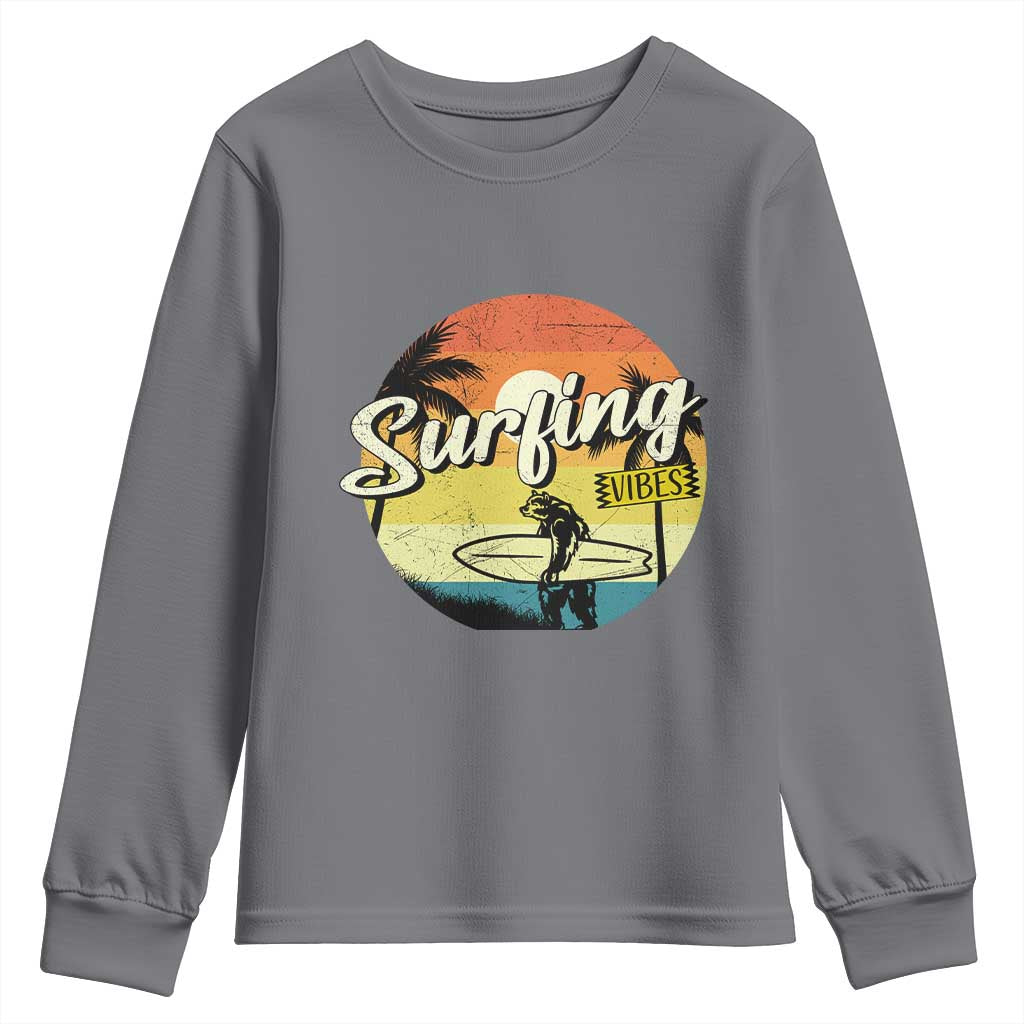 Surfing Lover Youth Sweatshirt Surfing Vibes Retro Vintage Summer Vacation TS11 Charcoal Print Your Wear
