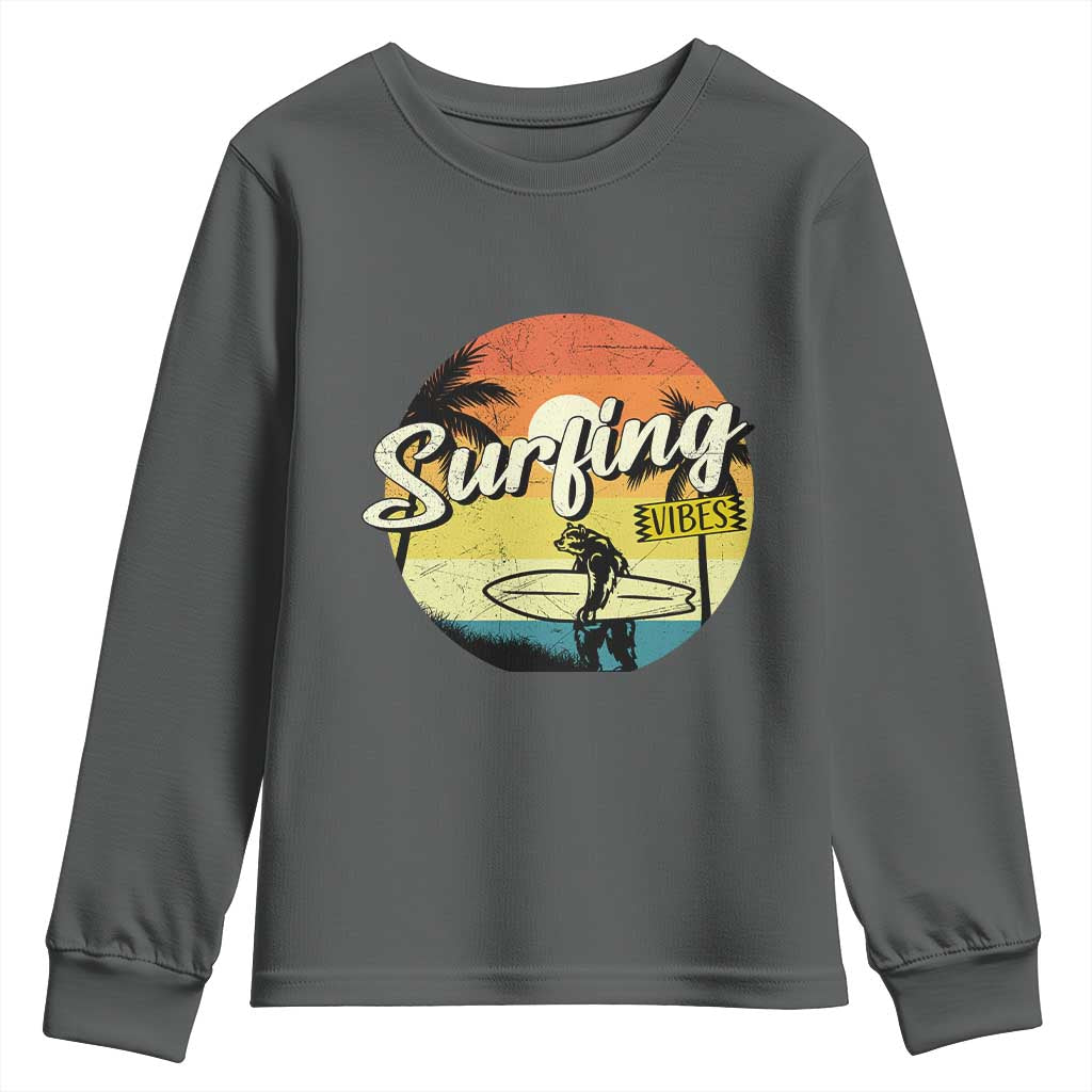 Surfing Lover Youth Sweatshirt Surfing Vibes Retro Vintage Summer Vacation TS11 Dark Heather Print Your Wear