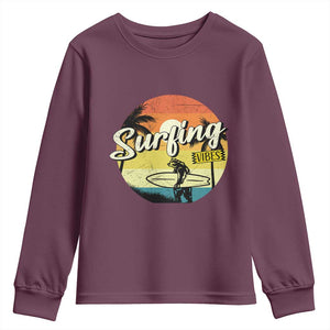 Surfing Lover Youth Sweatshirt Surfing Vibes Retro Vintage Summer Vacation TS11 Maroon Print Your Wear