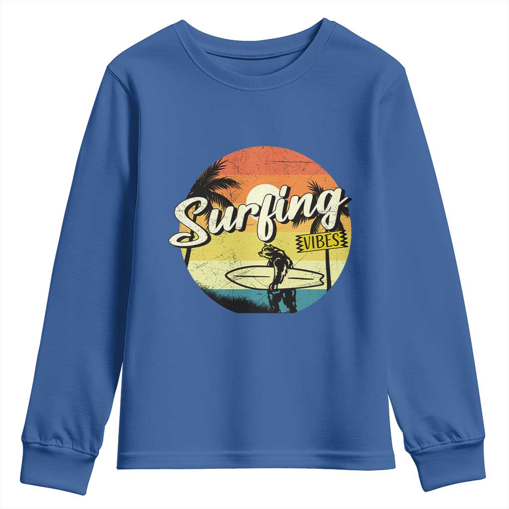 Surfing Lover Youth Sweatshirt Surfing Vibes Retro Vintage Summer Vacation TS11 Royal Blue Print Your Wear