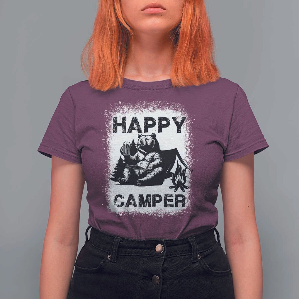 Camping Lover T Shirt For Women Happy Camper Funny Bear Campfire Beer TS11 Maroon Print Your Wear