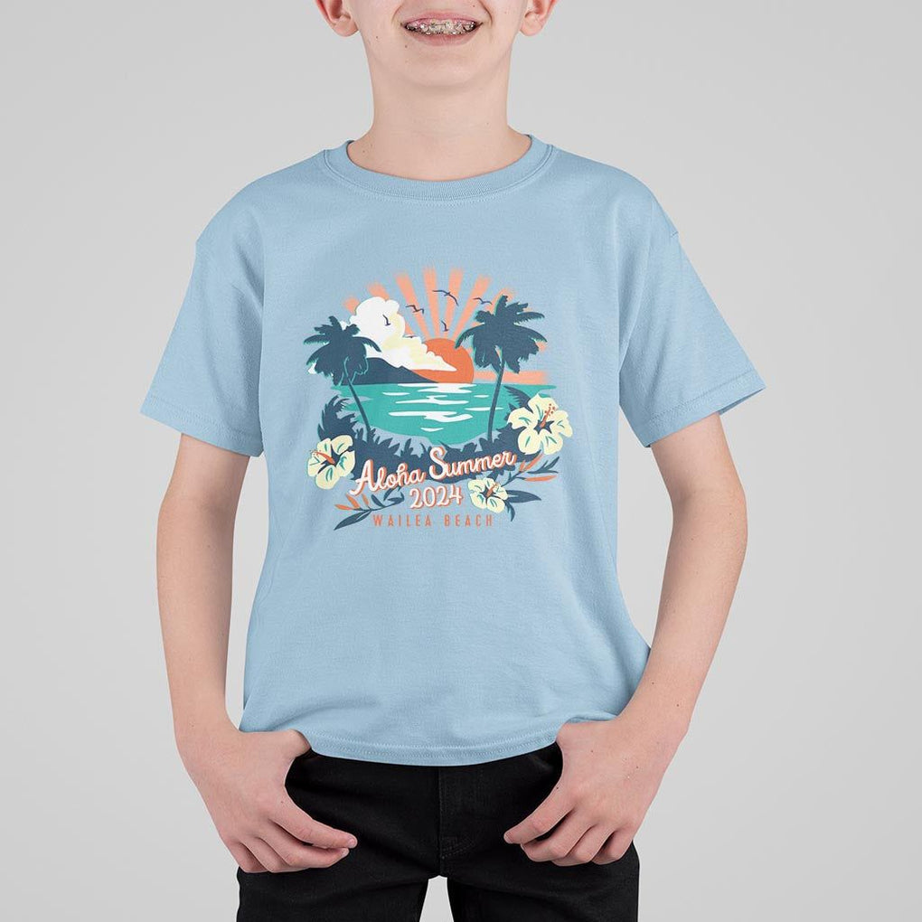 Summer Beach T Shirt For Kid Vintage Aloha Summer 2024 Wailea Hibiscus Flower TS11 Light Blue Print Your Wear