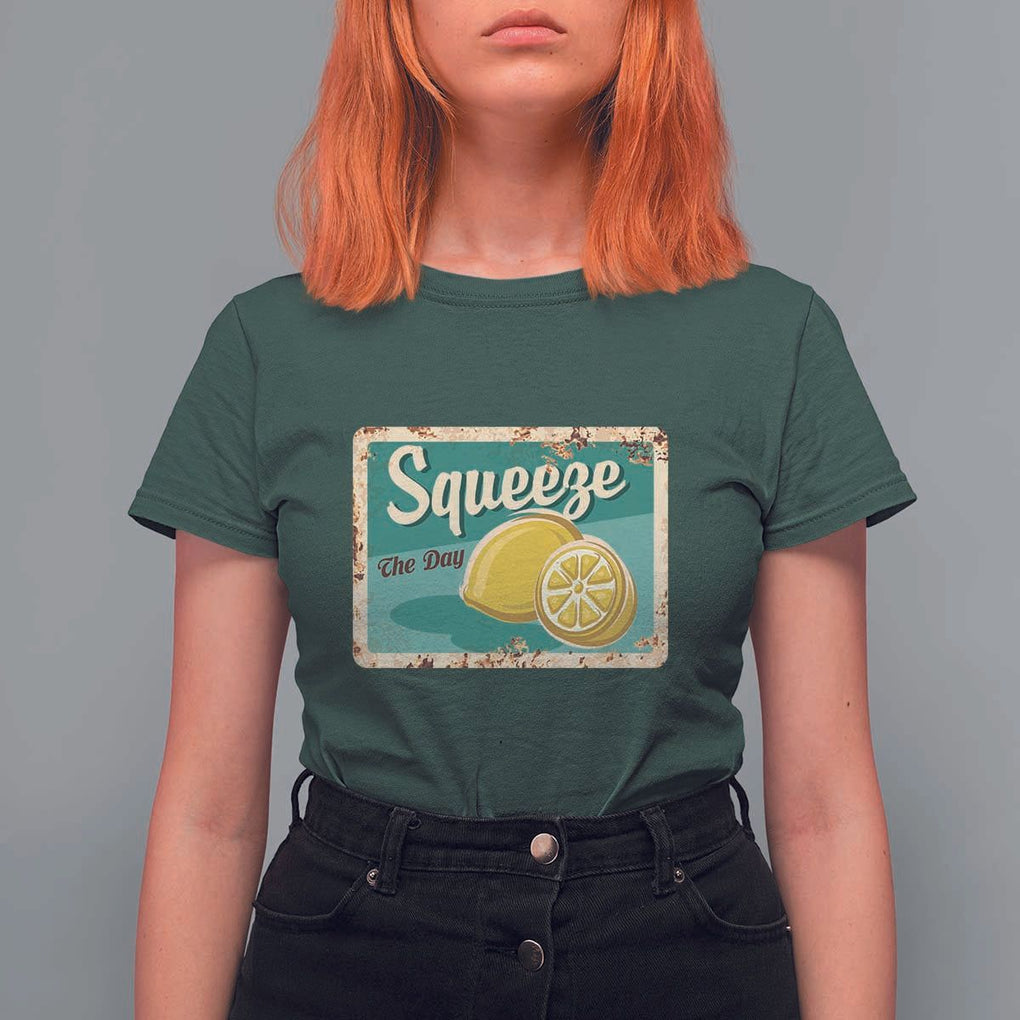 Funny Quote T Shirt For Women Squeeze The Day Vintage Lemon TS11 Dark Forest Green Print Your Wear