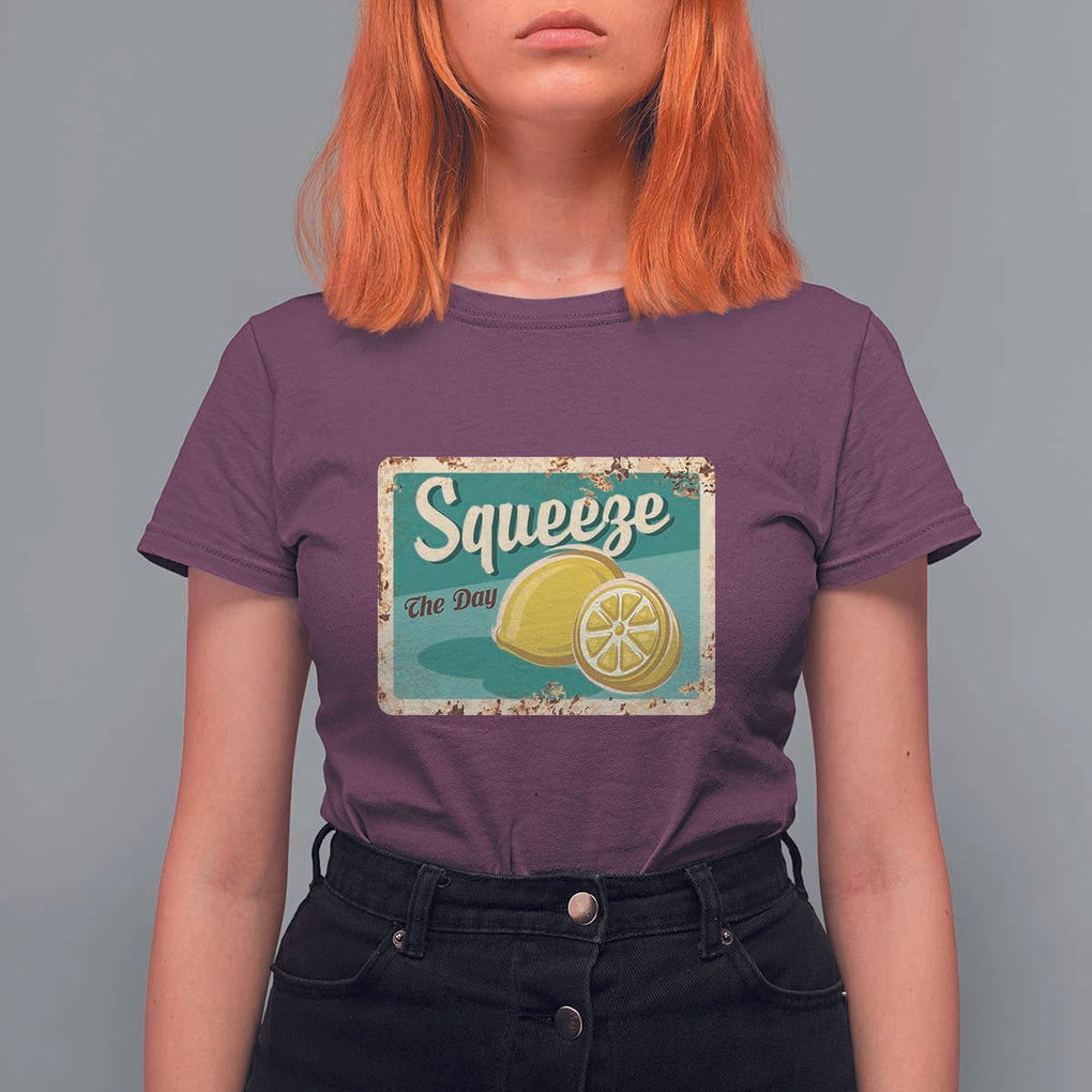 Funny Quote T Shirt For Women Squeeze The Day Vintage Lemon TS11 Maroon Print Your Wear