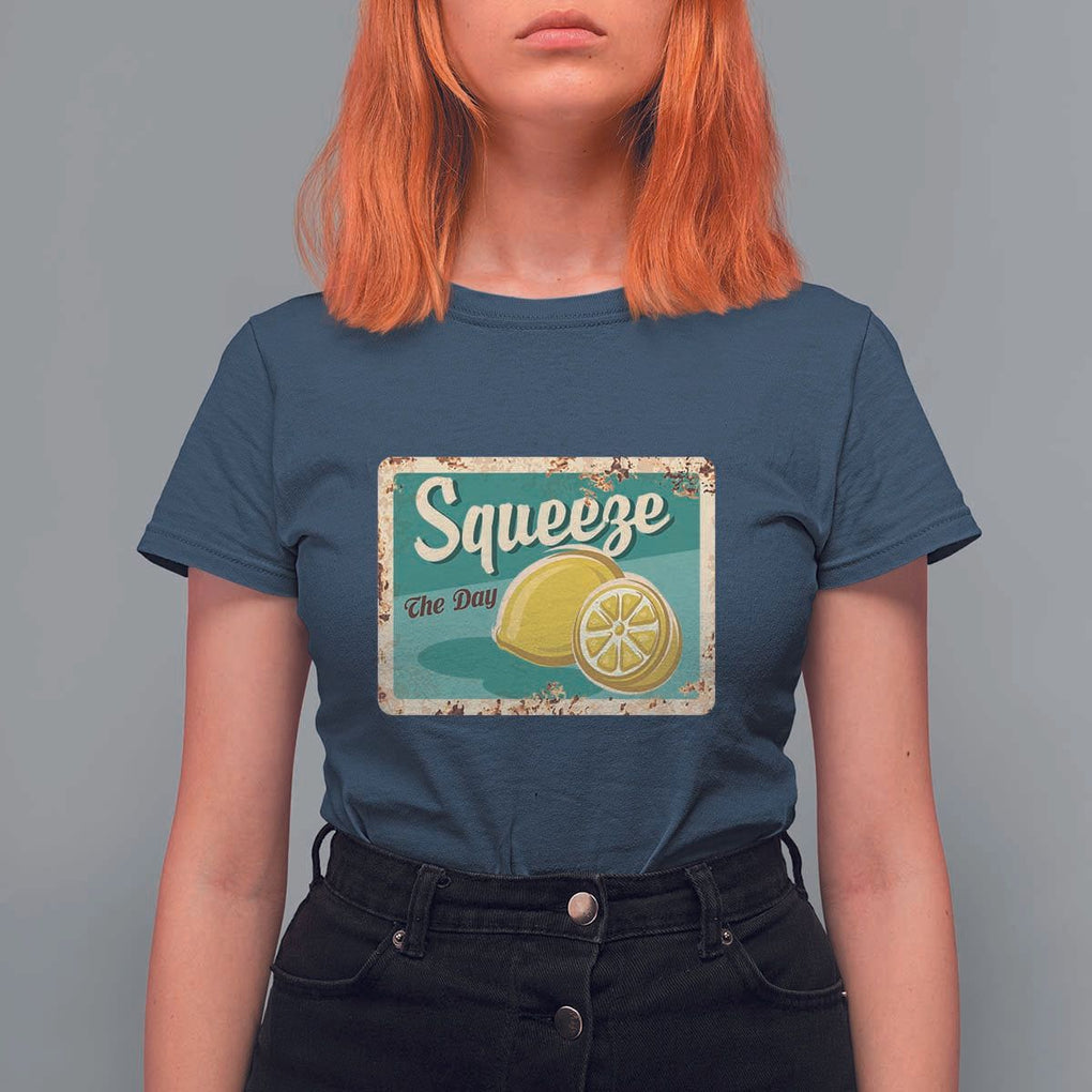 Funny Quote T Shirt For Women Squeeze The Day Vintage Lemon TS11 Navy Print Your Wear