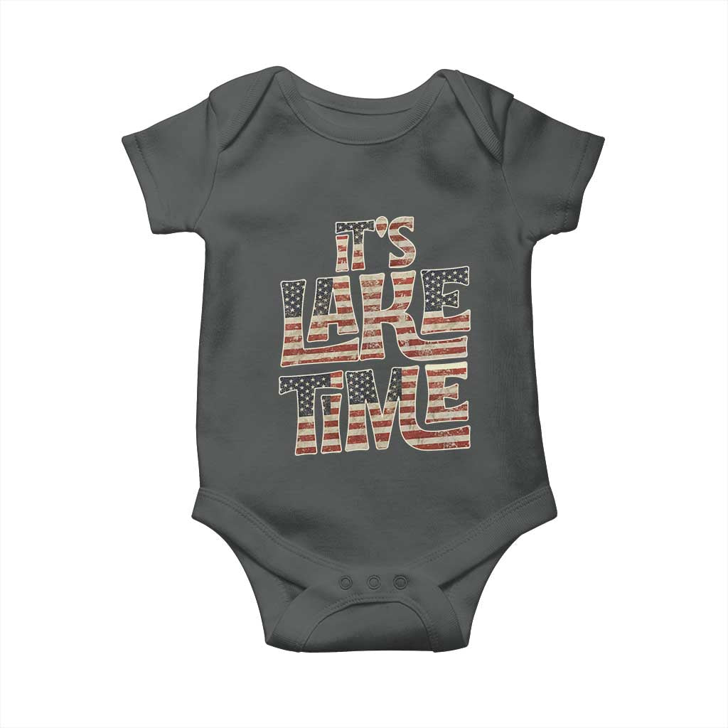 Funny It's Lake Time Baby Onesie Patriotic Boater American Flag USA 4th of July TS11 Dark Heather Print Your Wear